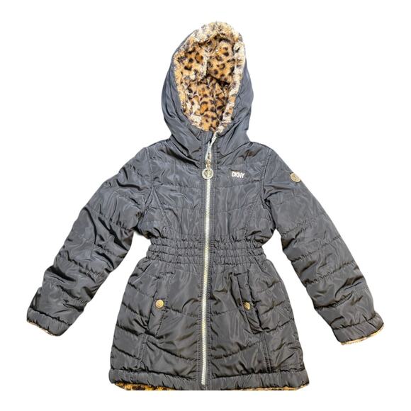 DKNY Other - DKNY Girls Reversible Black Puffer Jacket with Leopard Faux Fur Lining